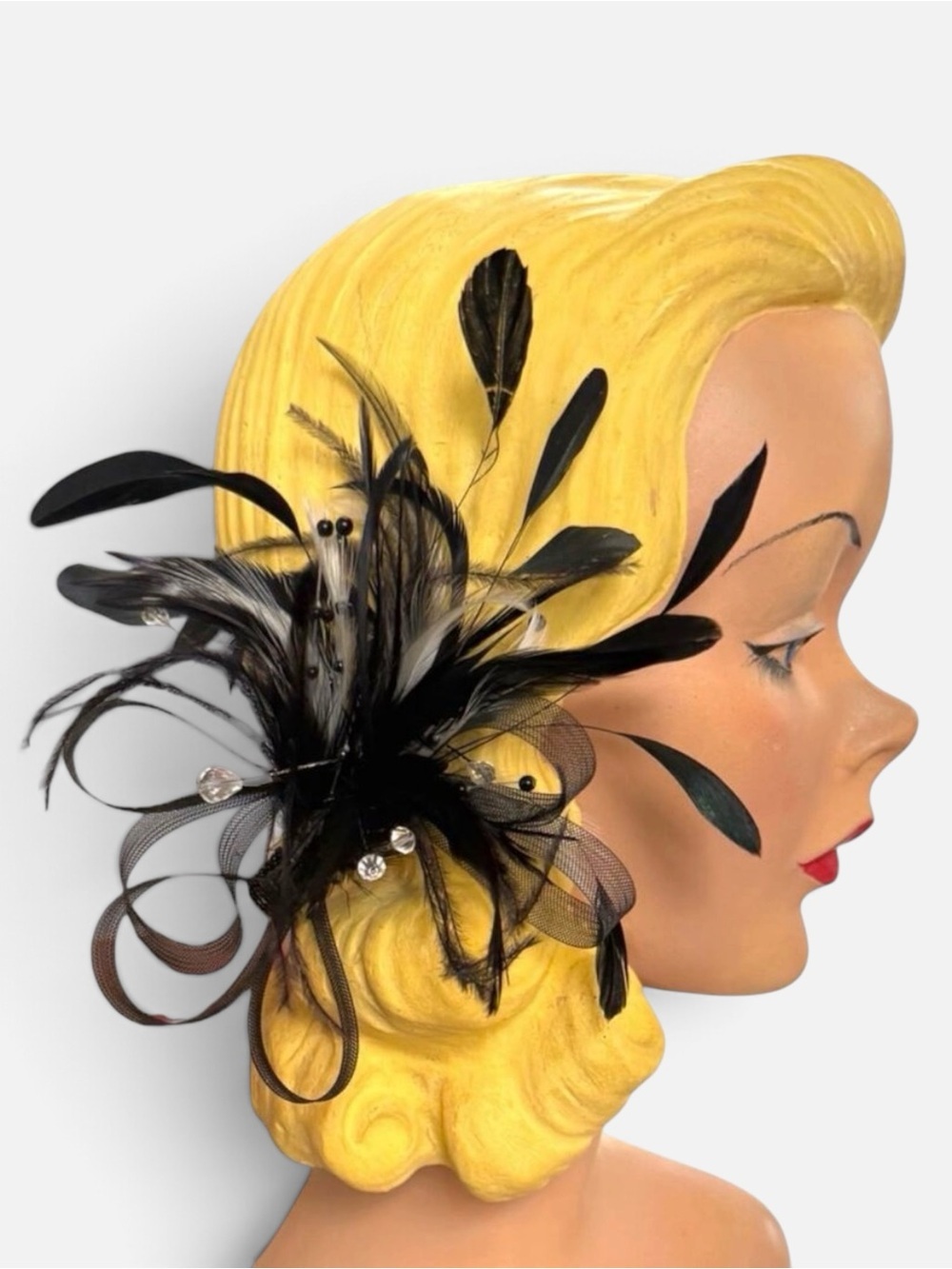 Bel Aire Bridal Black Feather Fascinator Hair Clip Mesh Beaded Formal Gothic